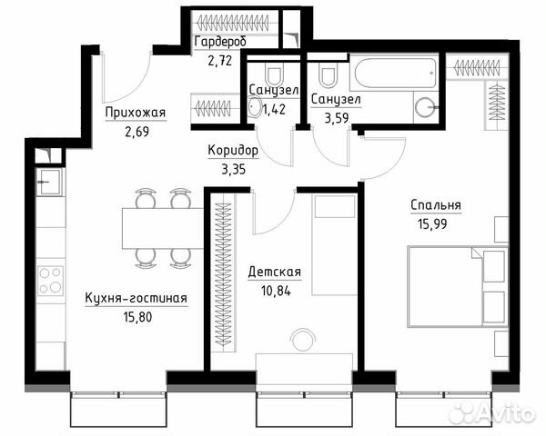 2-к квартира, 56.4 м², 12/33 эт.