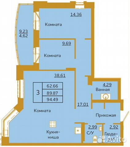 3-к квартира, 94.1 м², 16/18 эт. 3-к квартира, 94.1 м², 16/18 эт.