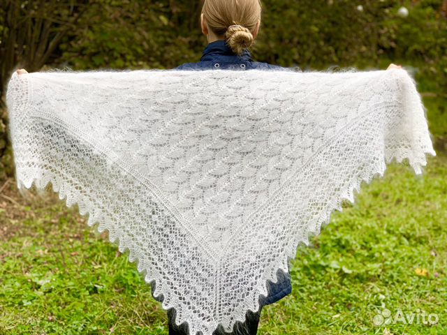 Оренбургский пуховый белый платок 135 см ручная ра