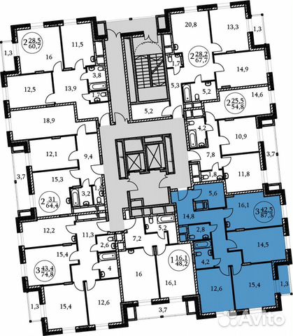 3-к квартира, 87.3 м², 2/17 эт.