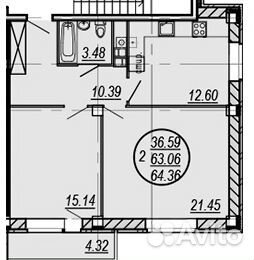 2-к квартира, 64.4 м², 6/10 эт.