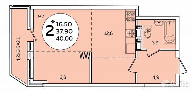 2-к квартира, 40 м², 12/16 эт.