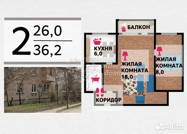 2-к квартира, 37 м², 1/2 эт.