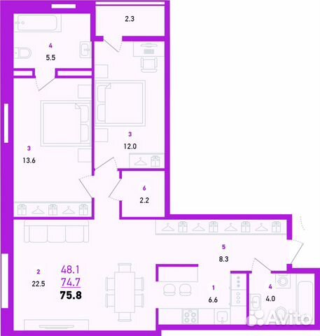 3-к квартира, 75.8 м², 13/26 эт. 3-к квартира, 75.8 м², 13/26 эт.
