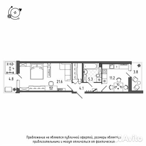 1-к квартира, 47.8 м², 2/12 эт.