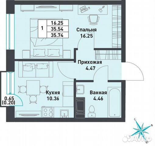 1-к квартира, 35.7 м², 3/9 эт.