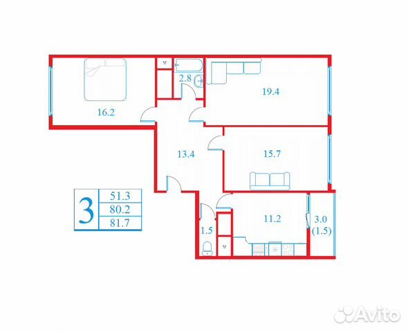 3-к квартира, 81.7 м², 15/17 эт.