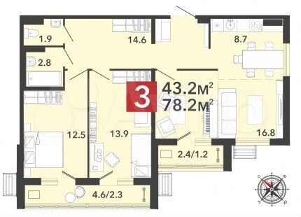 3-к. квартира, 78,2 м², 6/17 эт.