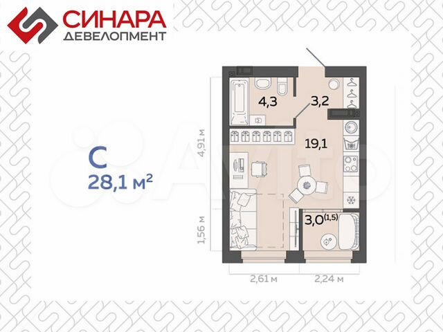 Квартира-студия, 28,1 м², 8/23 эт.