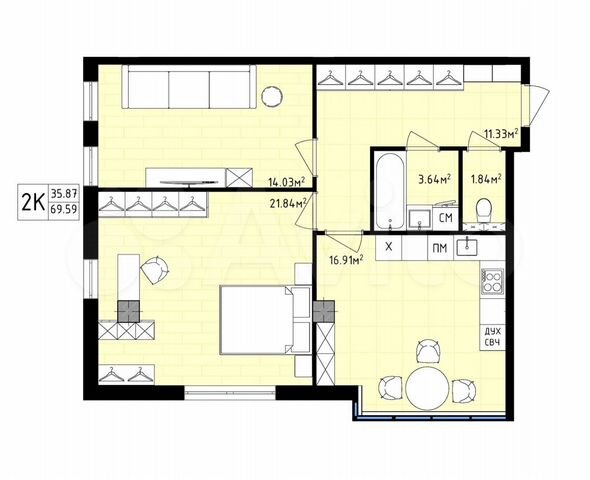 2-к. квартира, 69,6 м², 8/16 эт.