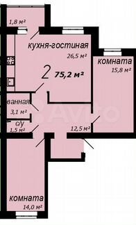 2-к. квартира, 75,2 м², 3/3 эт.