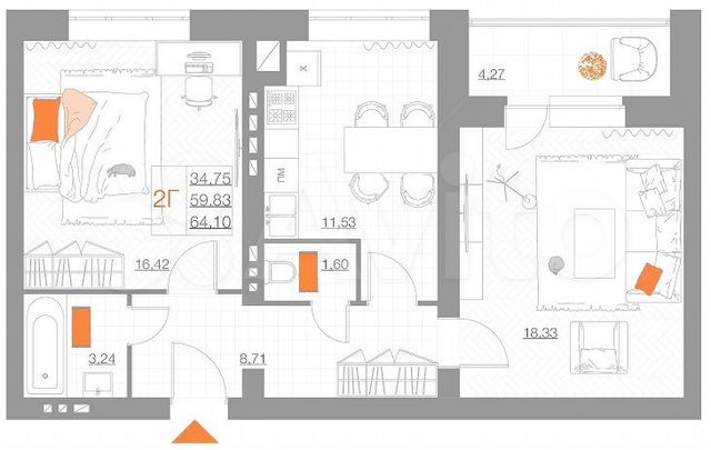 2-к. квартира, 64,1 м², 5/5 эт.