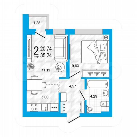 2-к. квартира, 35,2 м², 1/26 эт.