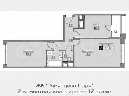 2-к квартира, 57.1 м², 12/22 эт.