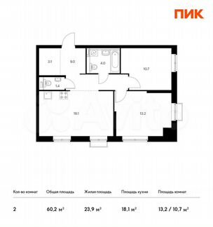 2-к квартира, 60.2 м², 8/26 эт.