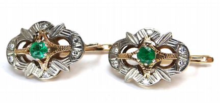 Золотые серьги 585 пробы, изумруды и бриллианты