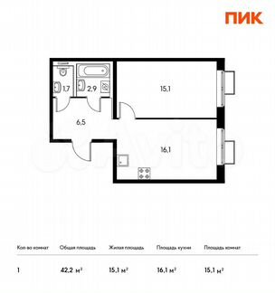 1-к квартира, 42.2 м², 12/17 эт.