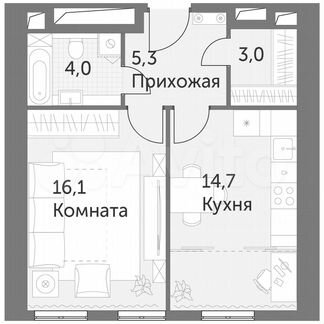 1-к квартира, 43.1 м², 32/47 эт.
