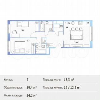 2-к квартира, 59.4 м², 2/13 эт.